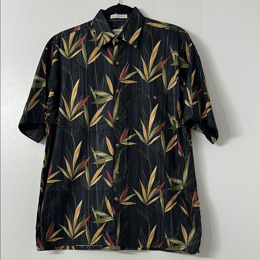 Vintage Bamboo Cay Men's Black Tropical Leaf Print Shirt